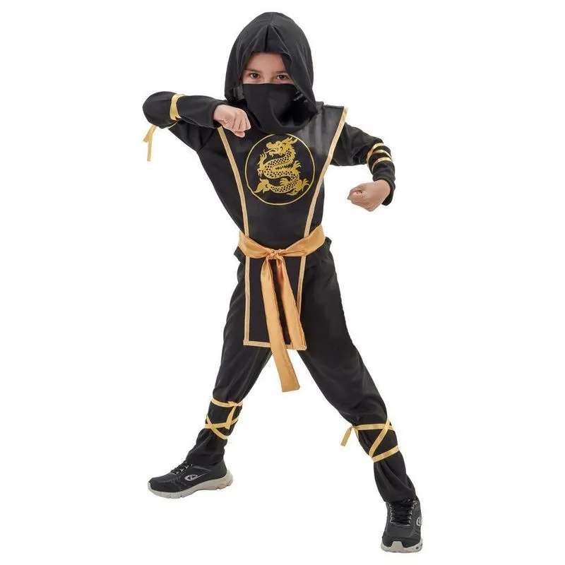 Fantasia Ninja Preto E Dourado Infantil Com Acessórios Tamanho M