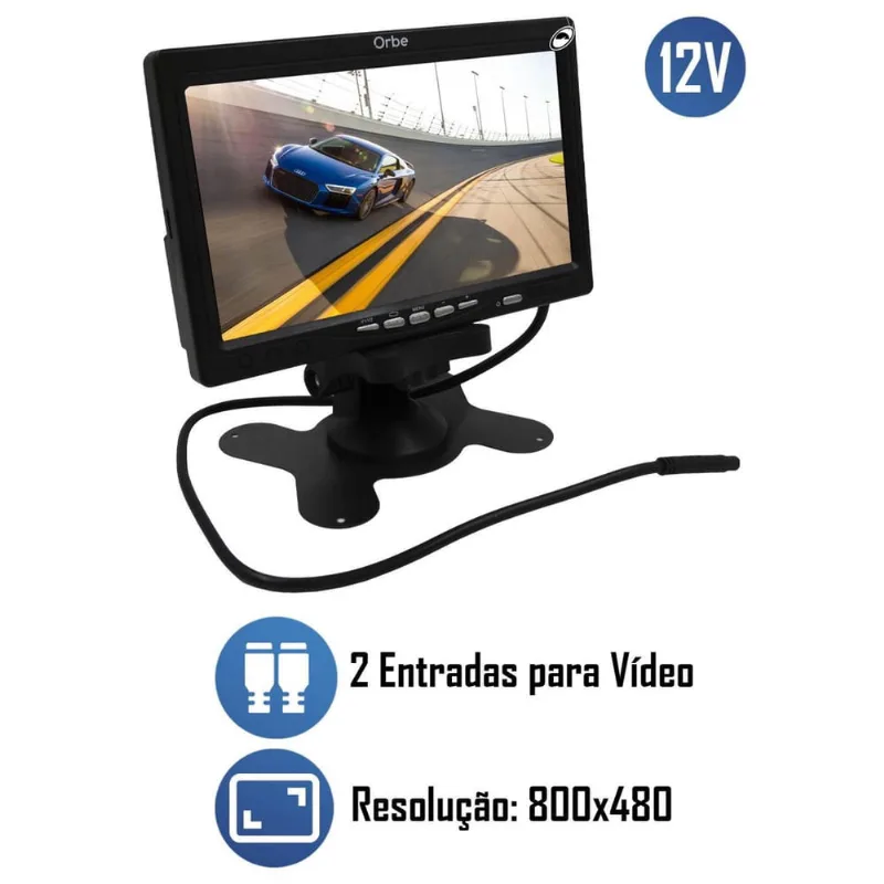 Monitor Tela Painel 7 Polegadas Orbe 2 Entradas Vídeo 12V