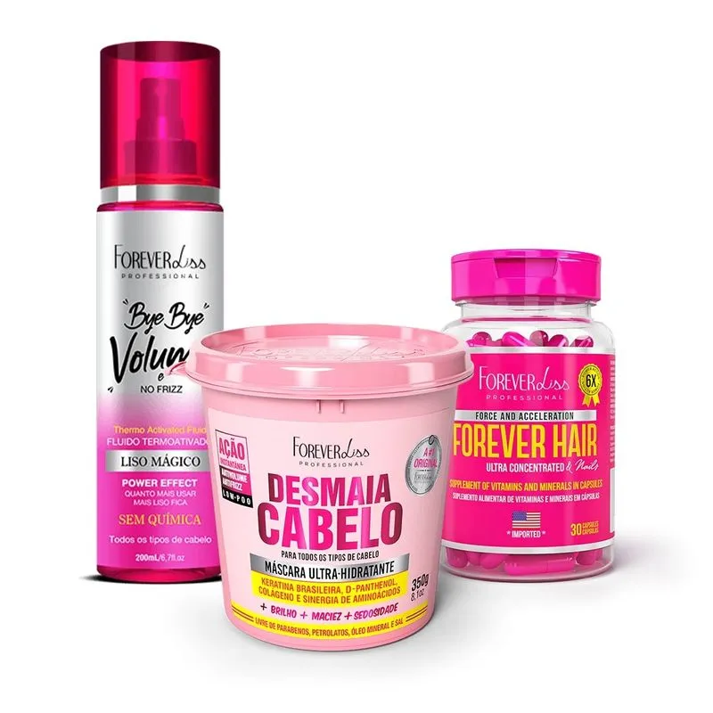 Kit Cabelão Sem Frizz Com Desmaia Cabelo Bye Bye Volume E Forever Hair Kit