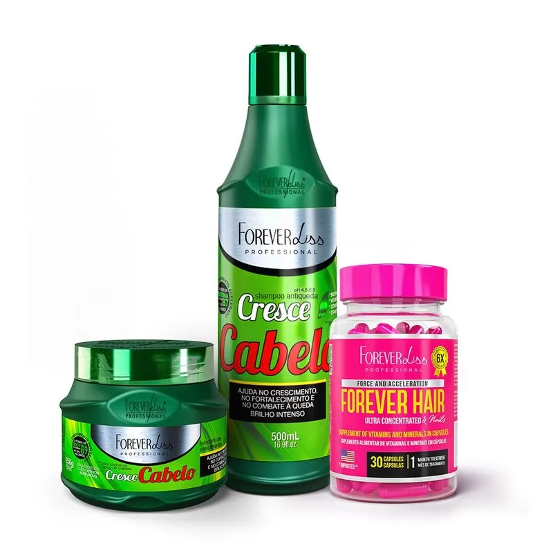 Kit Cresce Cabelo com Máscara, Shampoo E Forever Hair Kit