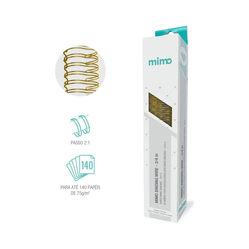 Wire-o Binding Passo 2:1 para Encadernação de Cadernos e Álbuns - Mimo DOURADO - 3/4" - 20 UNIDADES - Mimo