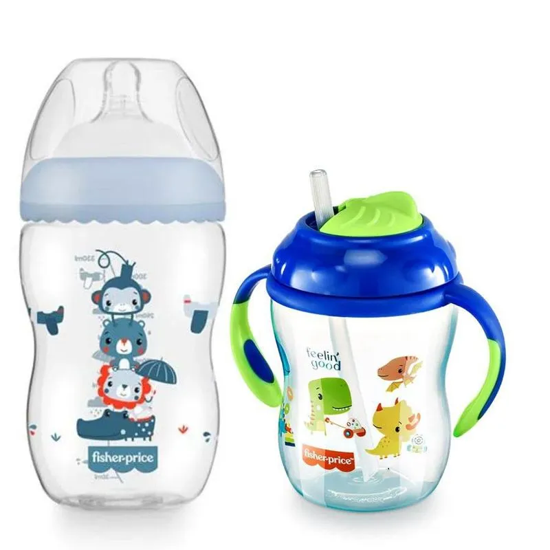 Kit Mamadeira + Copo Transição Fisher Price Azul Menino 4+m