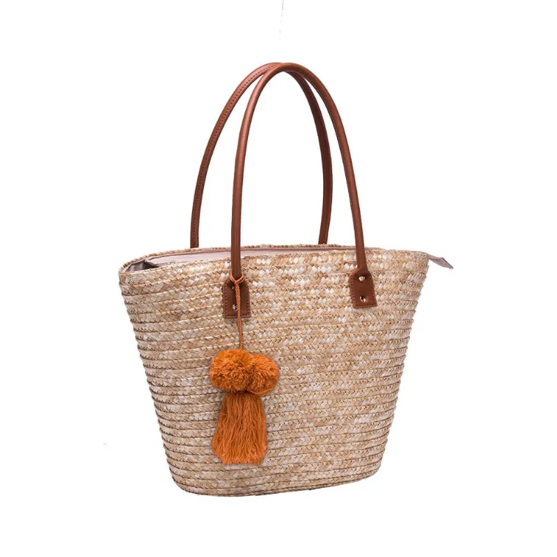 Bolsa Praia Semax Chaveiro Pompom Tote Bag Caramelo