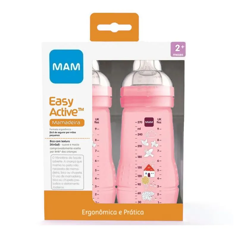 Kit 2 Mamadeiras Mam Easy Active 270ml 4+ Meses Rosa Menina