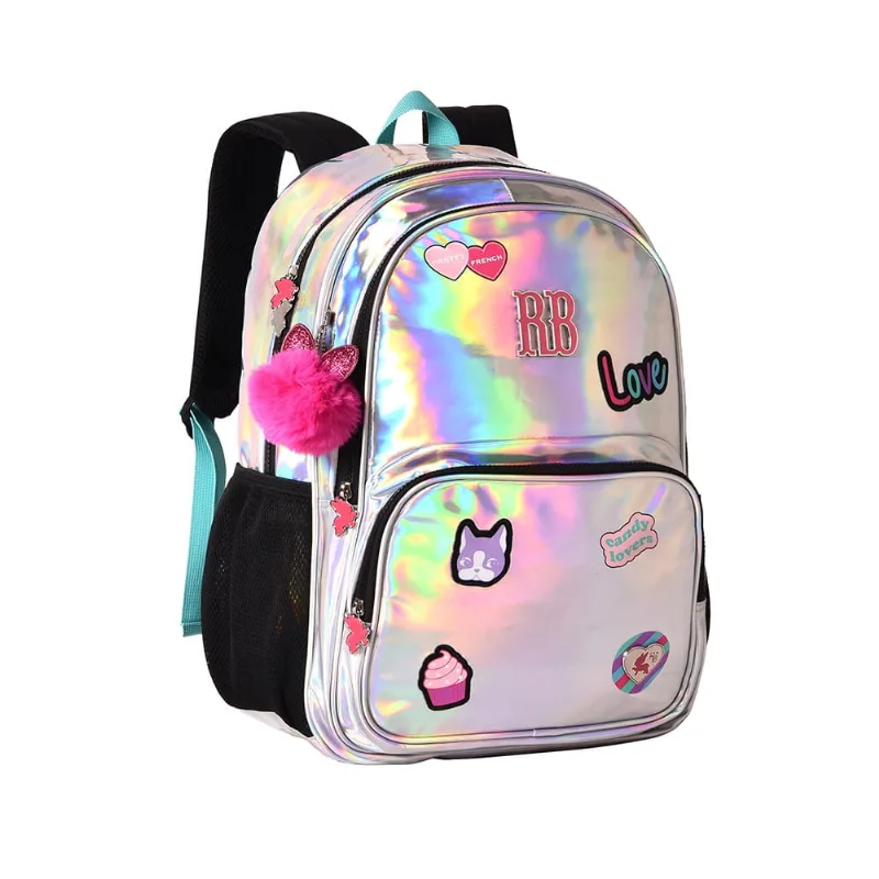 Mochila Teen Clio Style Rebecca Bonbon Holográfica com Chaveiro Pompom 17,5"