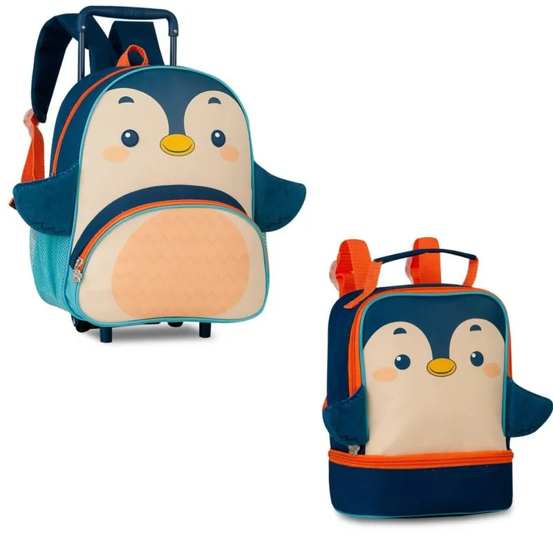 Kit Mochila De Rodinha + Lancheira Termica Infantil Pinguim Clio Pets