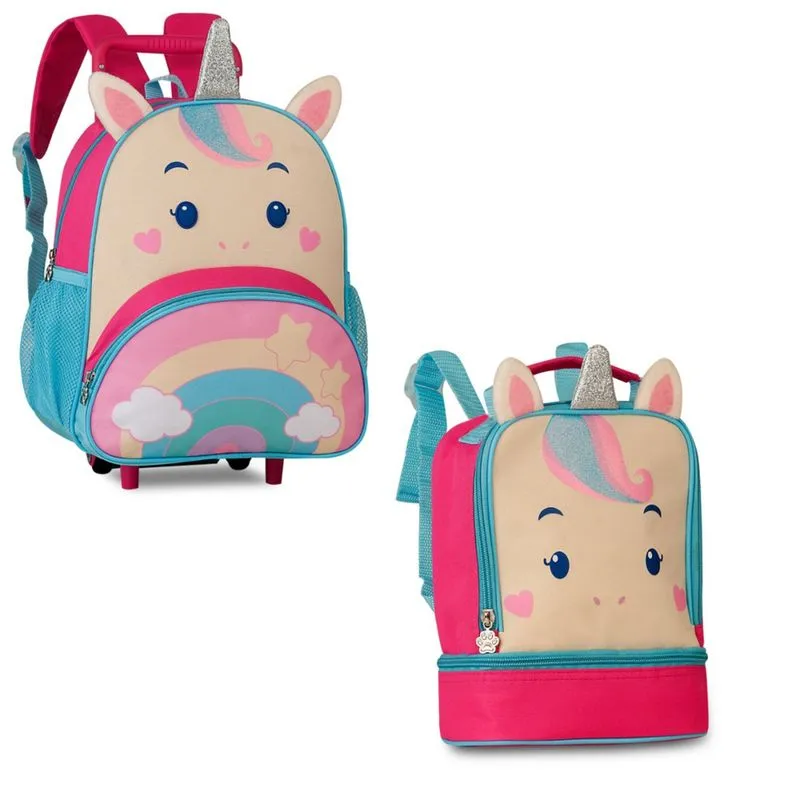 Kit Mochila De Rodinha + Lancheira Termica Infantil Unicornio Clio Pets
