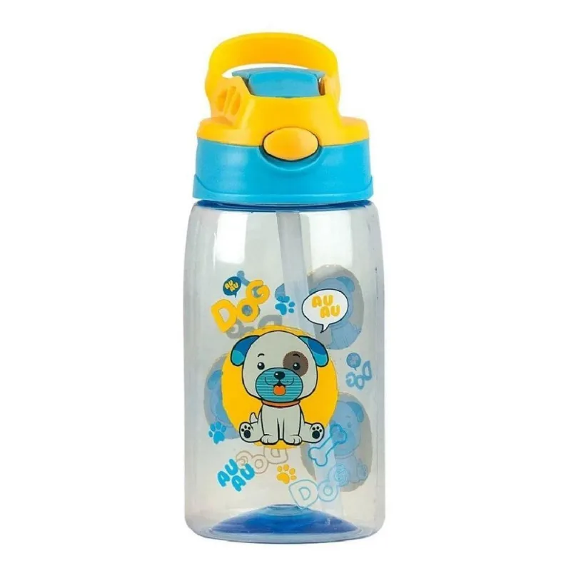 Garrafa Infantil Dog com Canudo Plástico PP Bico Silicone Trava na Tampa Azul Clio 330ML