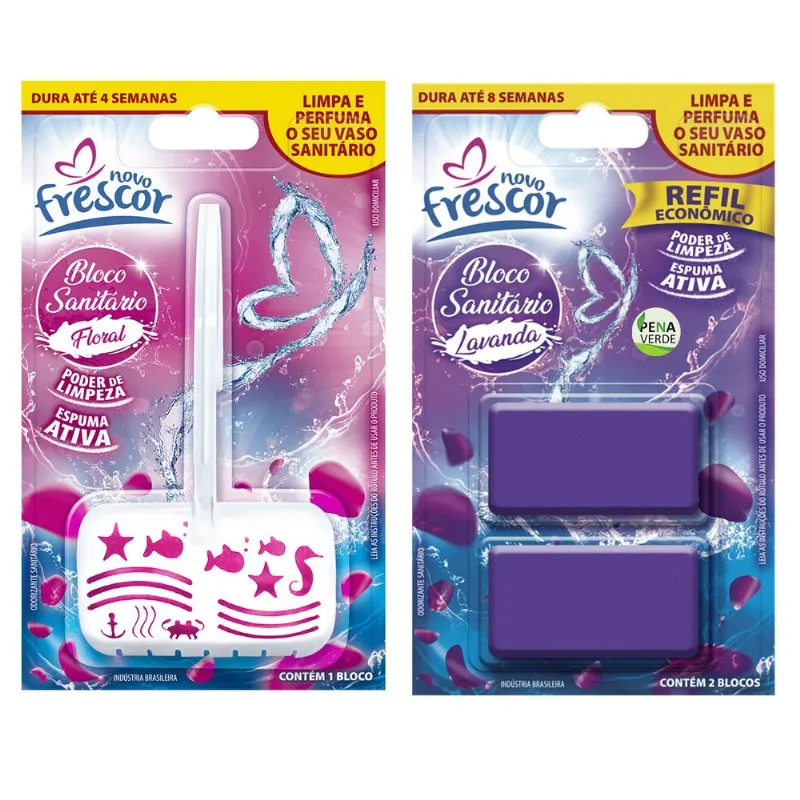 Pastilha Bloco Sanitário 30g Com Suporte + 4 Refis X 2 Kit 8 Detergente Reposição Novo Frescor