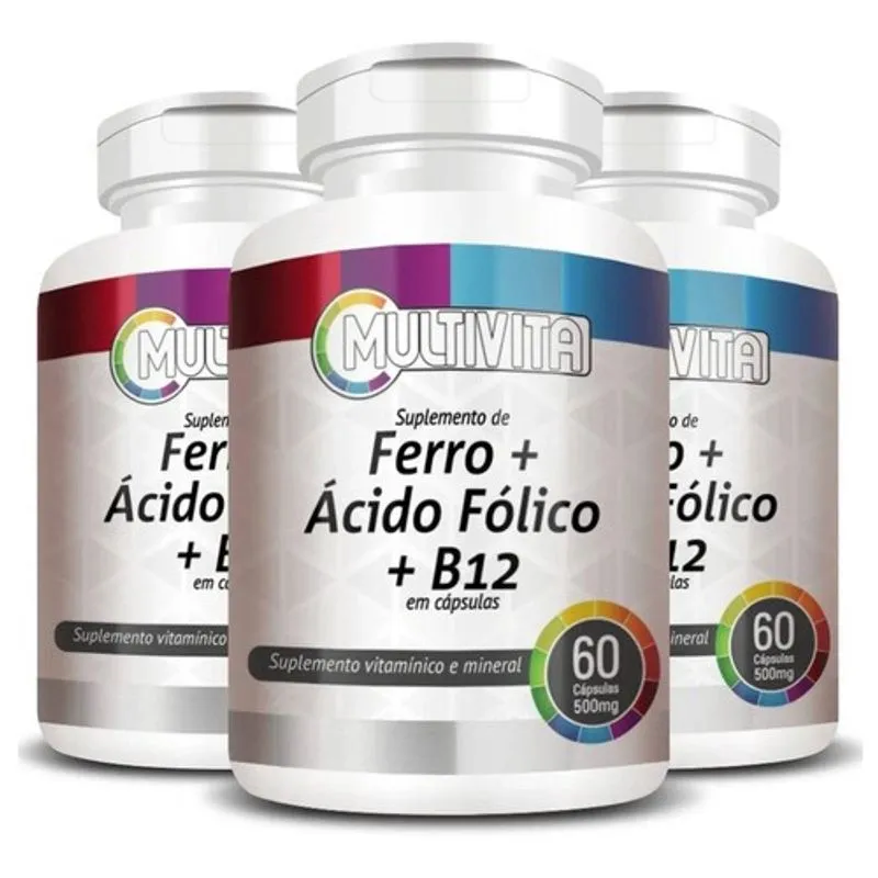 3 Ácido Fólico + Metilcobalamina B12 + Ferro 60 Caps 500mg