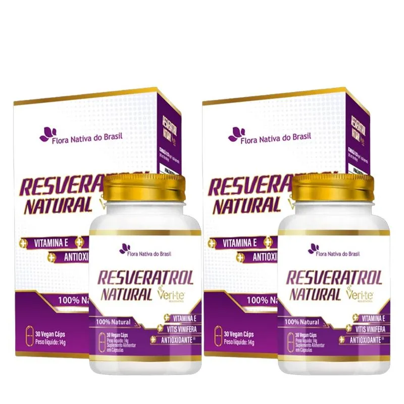 2x Trans Resveratrol Natural + Vitamina E + Semente de Uva 30 Cápsulas 450mg Vegano Antioxidante