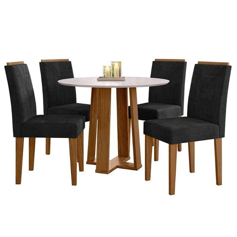 Mesa De Jantar 100x100cm Isabela Com Vidro Ype Off White E 4 Cadeiras Amanda Ype Veludo Preto – New Ceval