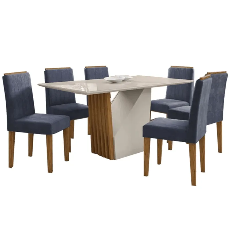 Mesa de Jantar Retangular New Ceval Veneza Ype e Off White com 6 Cadeiras Ana SALA JANTAR NEW CEVAL VENEZA 6CAD ANA