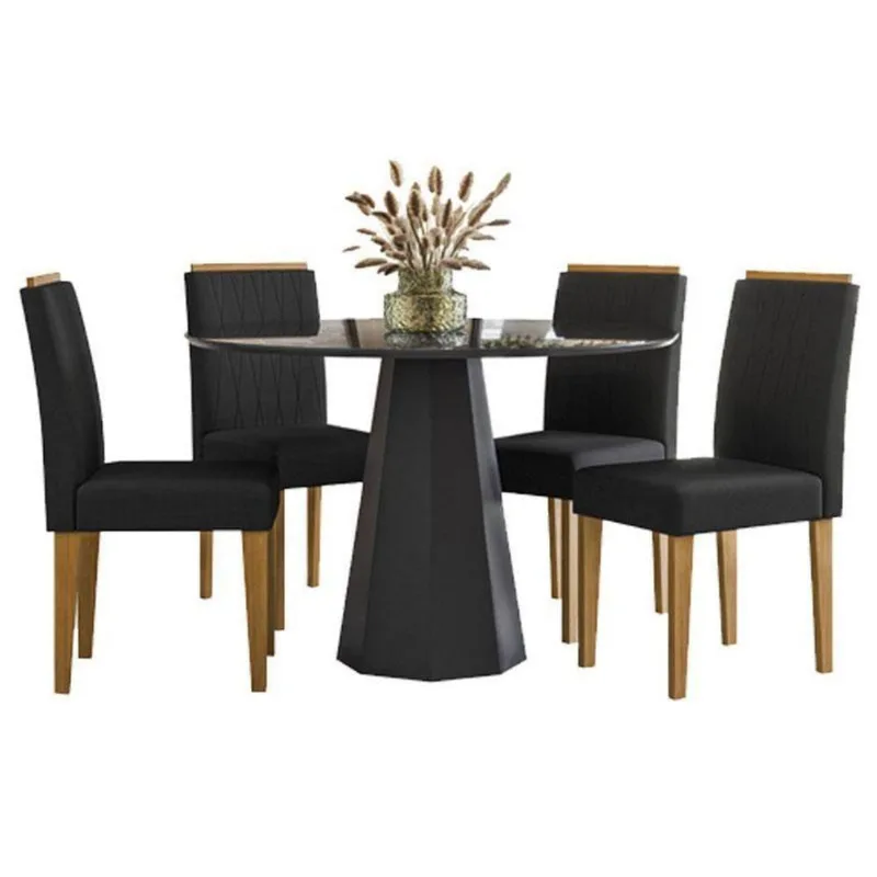 Mesa De Jantar Isis 120x120 Cm Com Vidro Preto E 4 Cadeiras Ana Ype Veludo Preto – New Ceval
