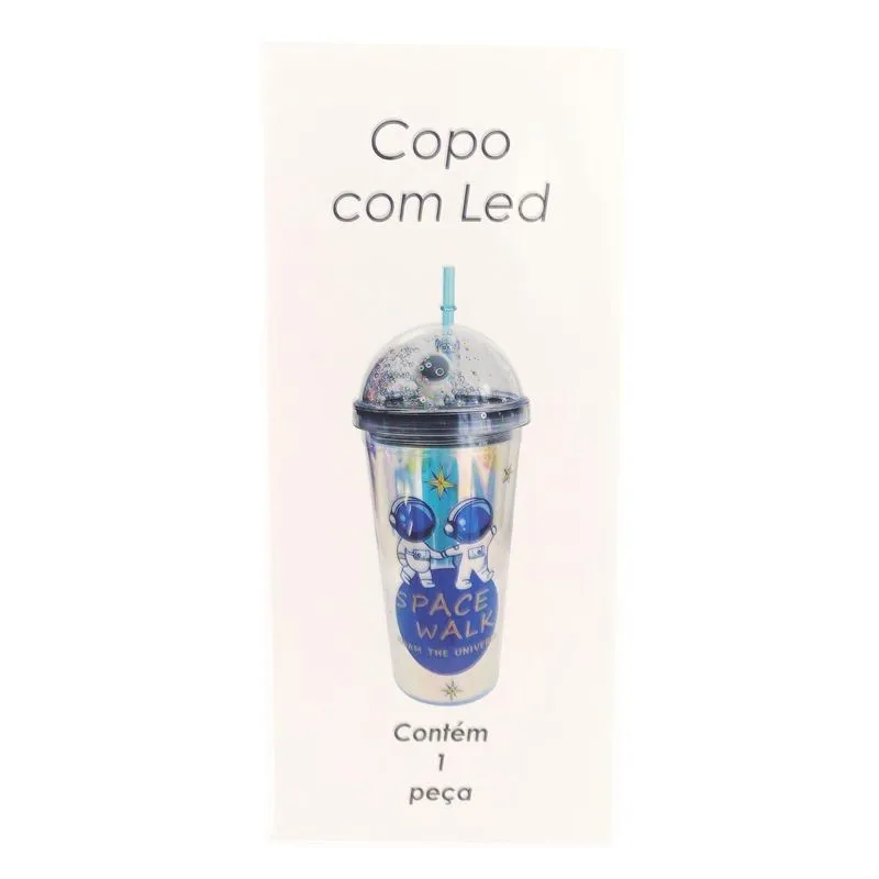 Copo Com Led Plástico E Canudo Personagem Astronauta 450ml