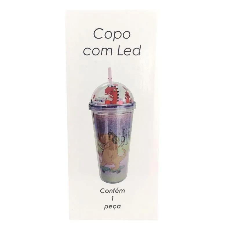 Copo Com Led Plástico E Canudo Personagem Dinossauro 450ml