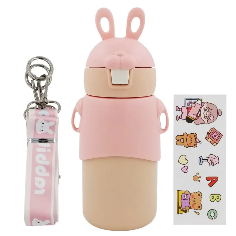 Garrafa Térmica Coelho C/ Alça 450ml em Aço Inox Golden Rio-Rosa