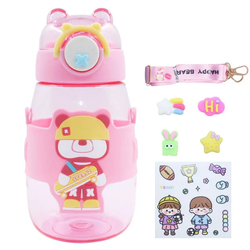 Garrafa Bear C/ Alça + Canudo 600ml em Plástico Golden Rio-Rosa
