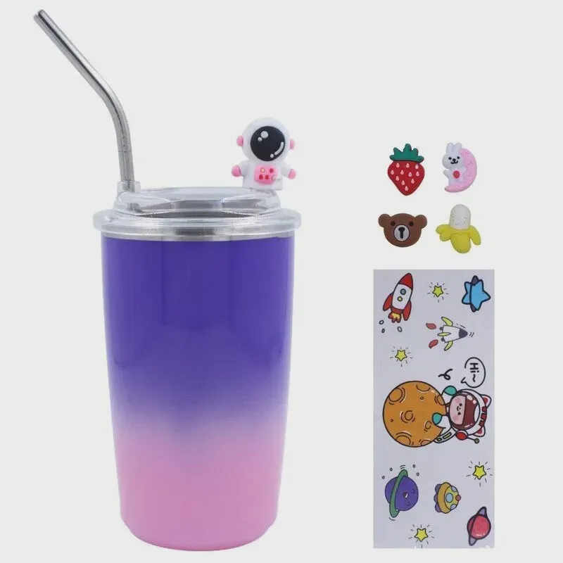 Copo Térmico 450ml Inox Astronauta Com Canudo E Adesivo 3d Degrade