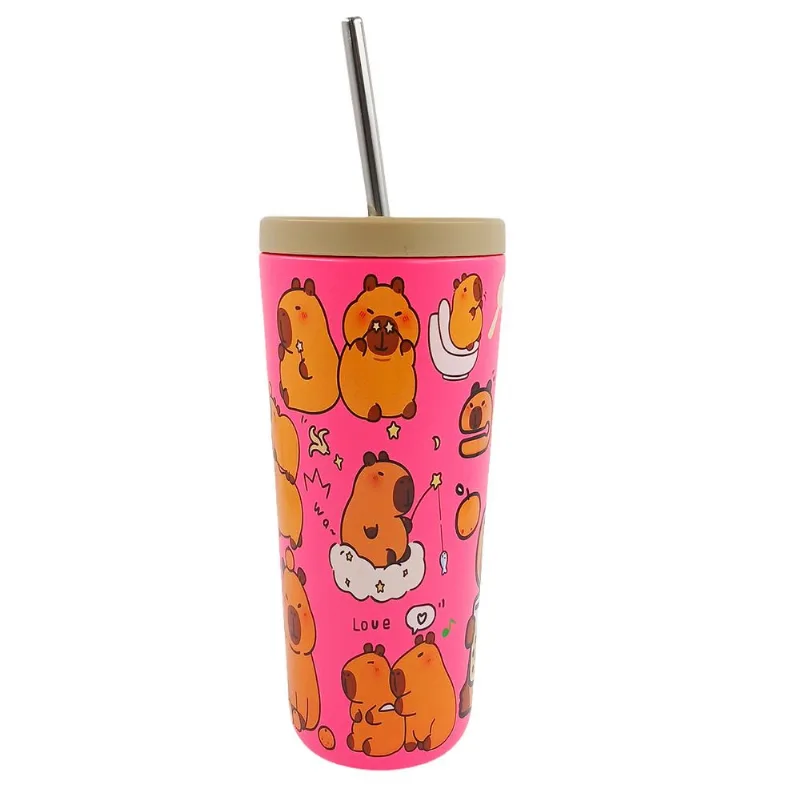 Copo Térmico Capivara C/ Canudo 500ml em Aço Inox Golden Rio-Pink
