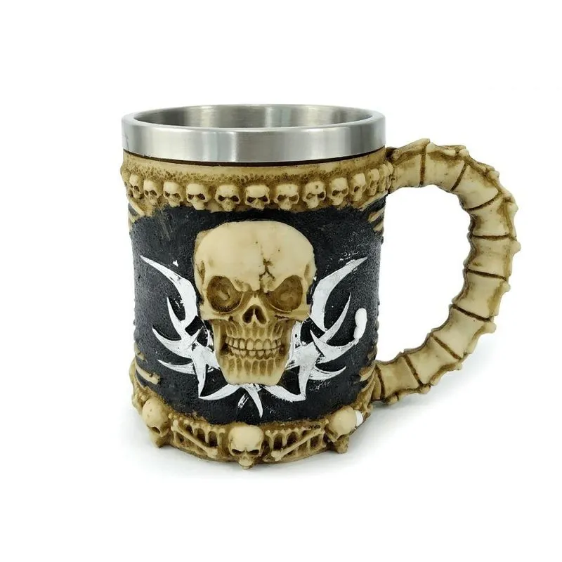 Caneca Caveira Dark 400ml Alça Copo Em Metal E Resina