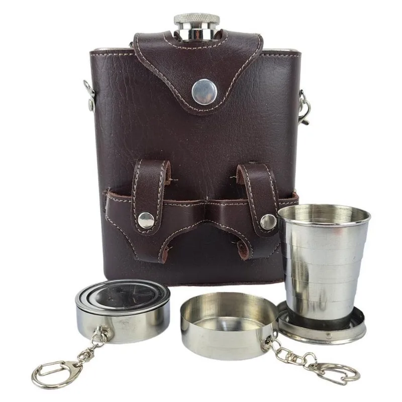 Cantil De Inox Com Bolsa De Couro E 2 Copos Retrátil 530ml