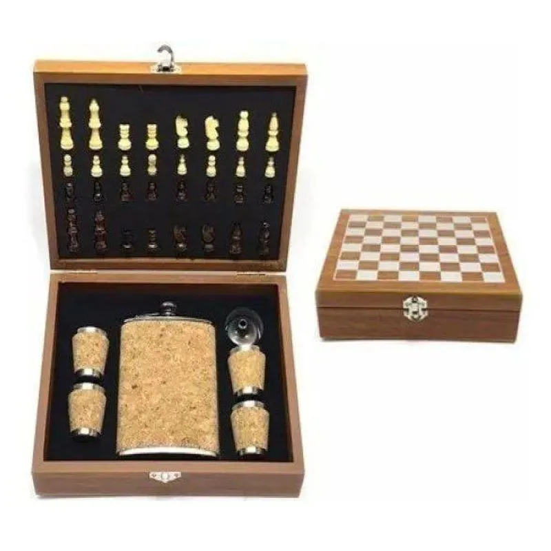 Kit Cantil 240ml Porta Bebidas 4 Copos Funil + Jogo Xadrez
