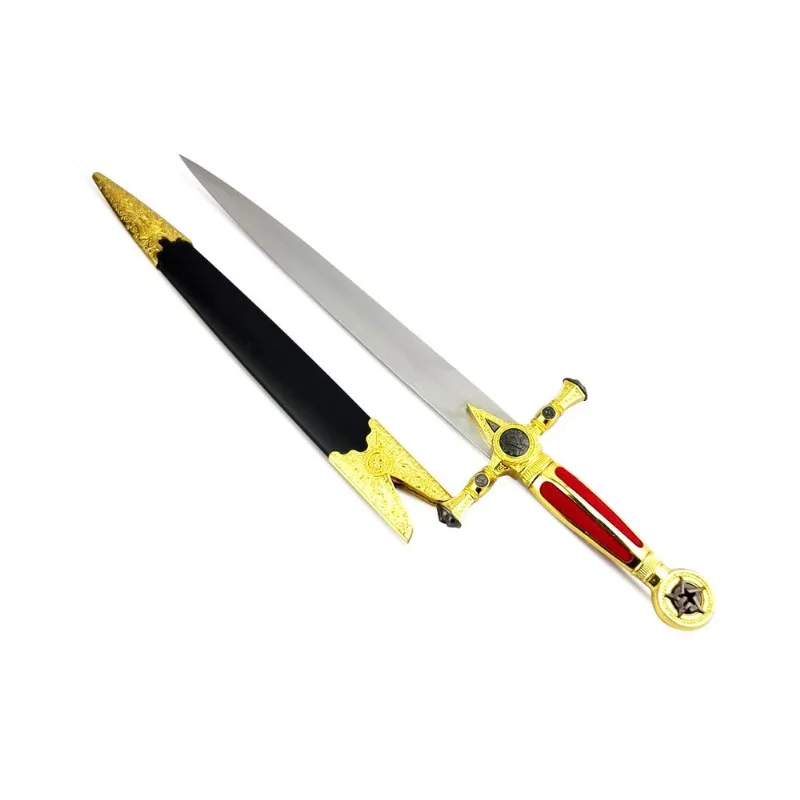 Espada Adaga Maçom Decorativa Lâmina Em Metal Sem Corte 53cm C/ Bainha Em Couro E Plástico Preto E Dourado