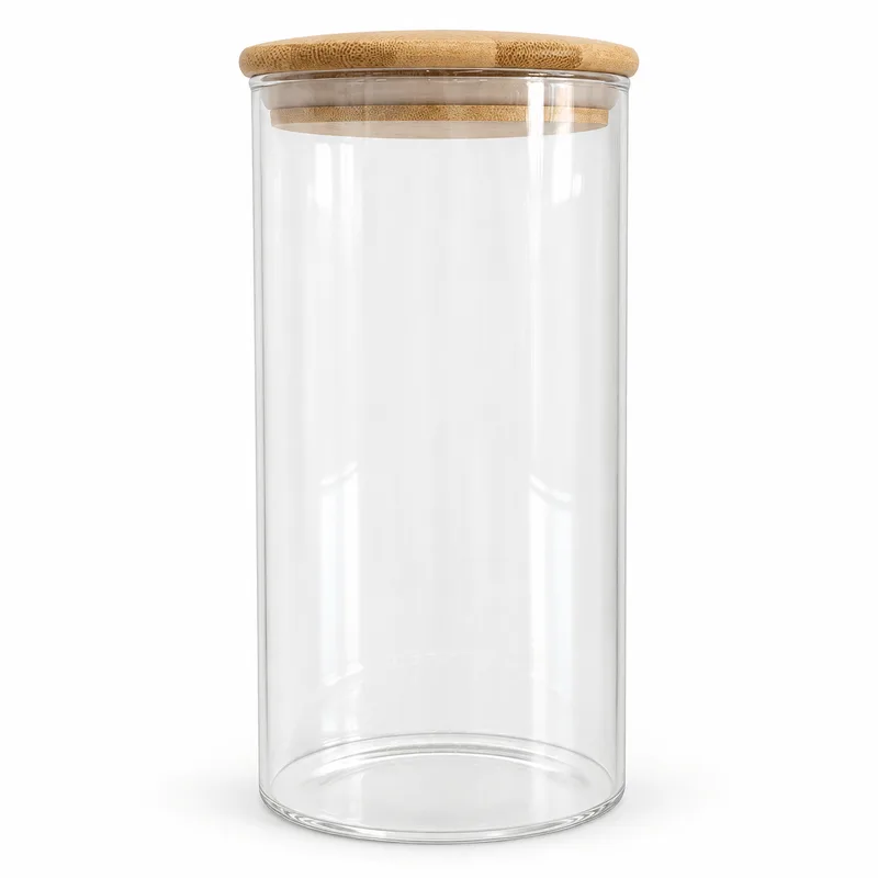 Pote Porta Mantimentos De Vidro 1300ml Com Tampa De Bambu 10x20cm Para Mantimentos E Alimentos