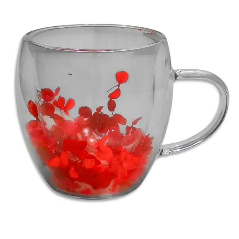 Caneca Xícara Chá Café 250ml Parede Dupla De Vidro Com Flores Vermelha Primavera Decorativas Presente