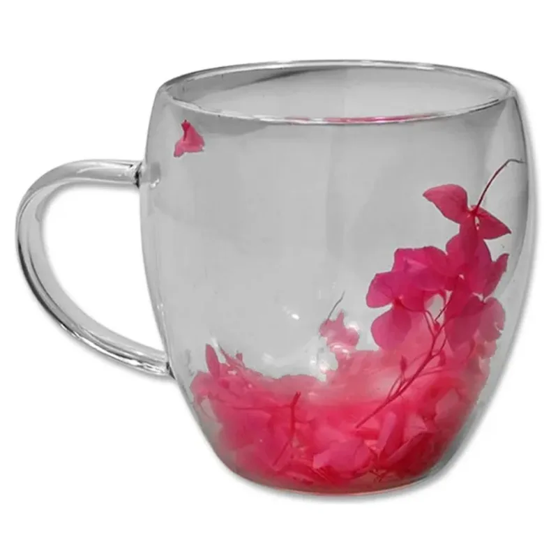 Caneca Xícara Chá Café 250ml Parede Dupla De Vidro Com Flores Rosas Primavera Decorativas Presente