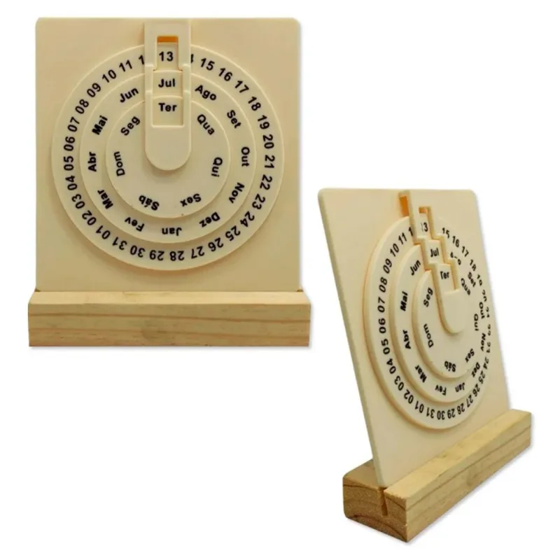 Calendário Permanente Decorativo de Mesa Com Base de Madeira e Amostrador Branco