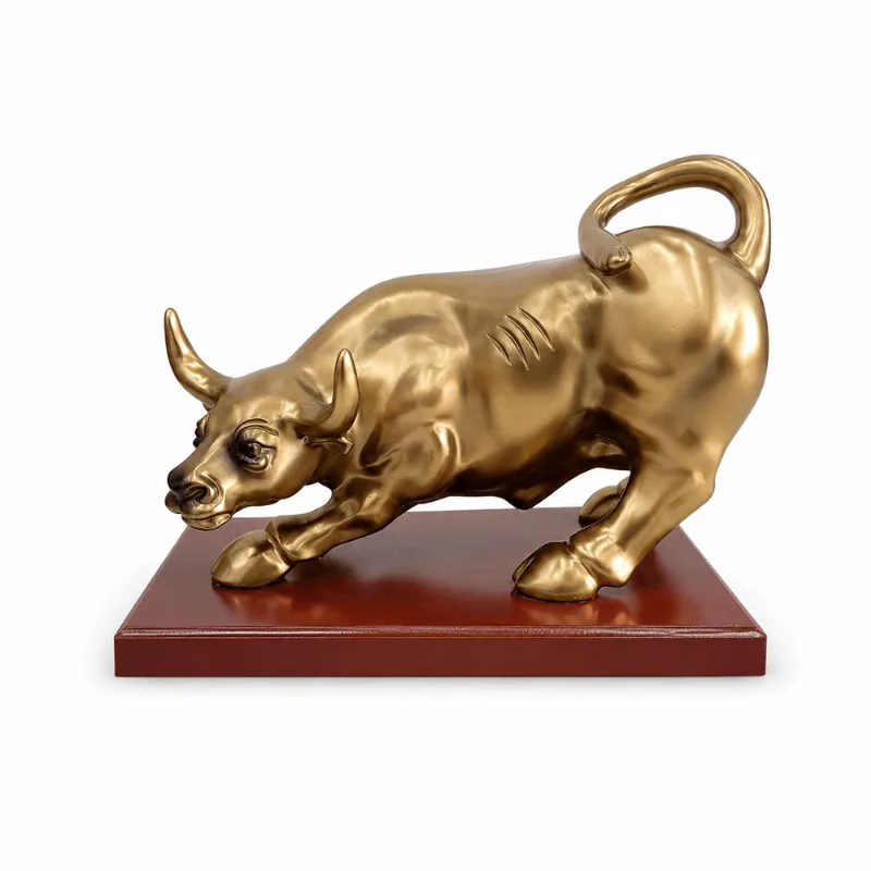 Decoração De Mesa Estatueta Touro Dourado De Resina C/ Base De Madeira Enfeite Casa Escritório