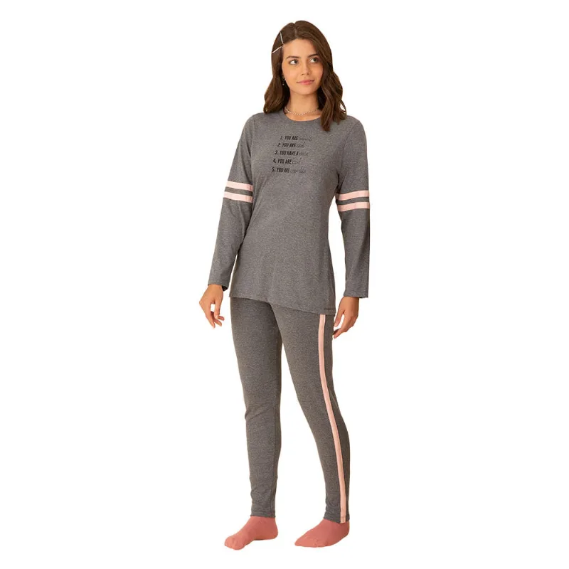 Pijama Feminino Manga Longa com Legging Pzama Meia Malha Mescla Cinza P