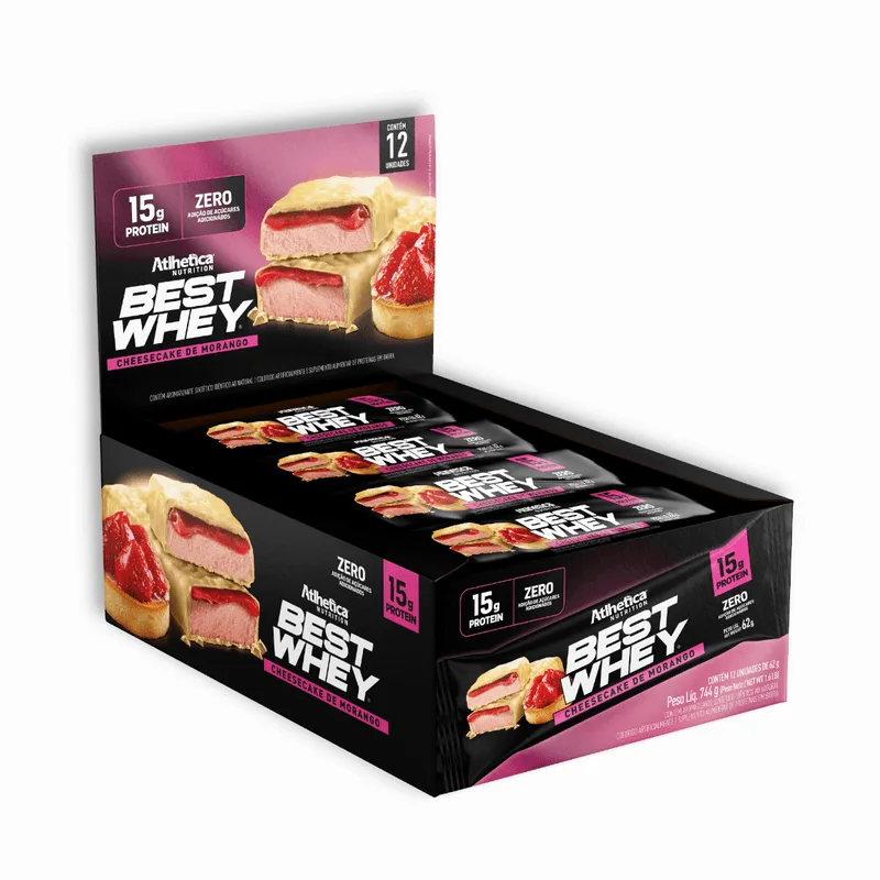 Best Whey Bar 15 g Protein Cheesecake de Morango Atlhetica Nutrition - Display 12 Barras de 62 g Cheesecake de Morango