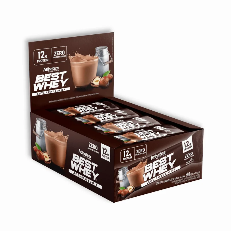 Best Whey Bar 12 g Protein Leite, Cacau e Avelã Atlhetica Nutrition - Display 12 Barras de 49 g Leite, Cacau e Avelã