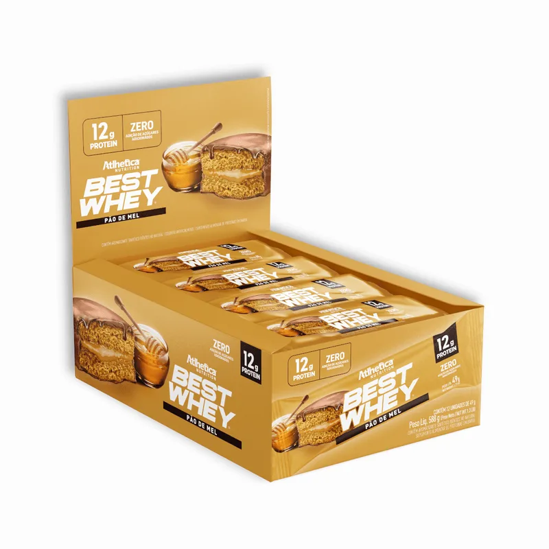 Best Whey Bar 12 g Protein Pão de Mel Atlhetica Nutrition - Display 12 Barras de 49 g Pão de Mel