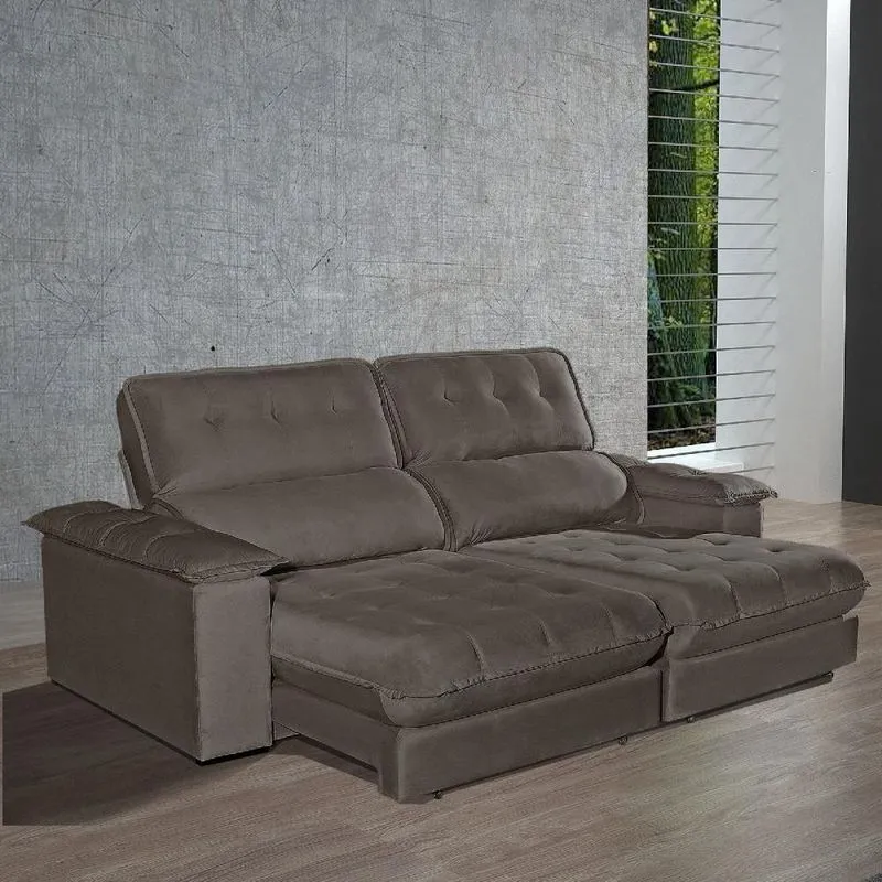Sofá Com Chaise Girona 4 Lugares Retrátil E Reclinável 250cm Cinza Veludo Luxo