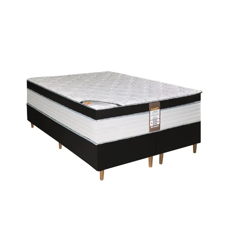 Kit Base Box Spring Casal Queen com Colchão Samy Bom Pastor Molas Ensacadas 158x198x26cm Branco com detalhes preto