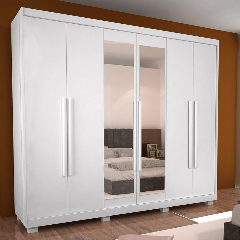 Guarda Roupa Casal 6 portas 2 espelhos Amarok Bom Pastor Branco