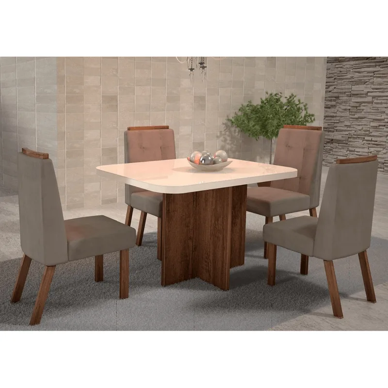 Jogo Mesa com 4 cadeiras Bom Pastor Alfa 100 x 100cm Bege / Off White e Amendoa