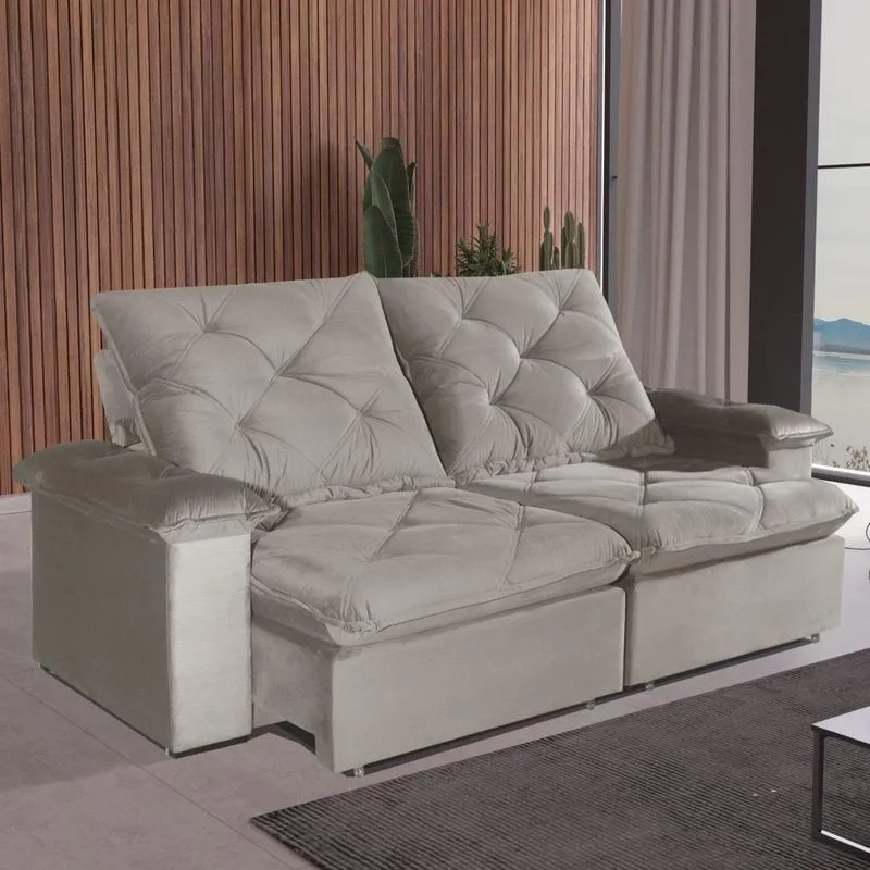 Sofá Com Chaise Canyon 3 Lugares Retrátil E Reclinável 230cm Bege Veludo Bom Pastor Móveis