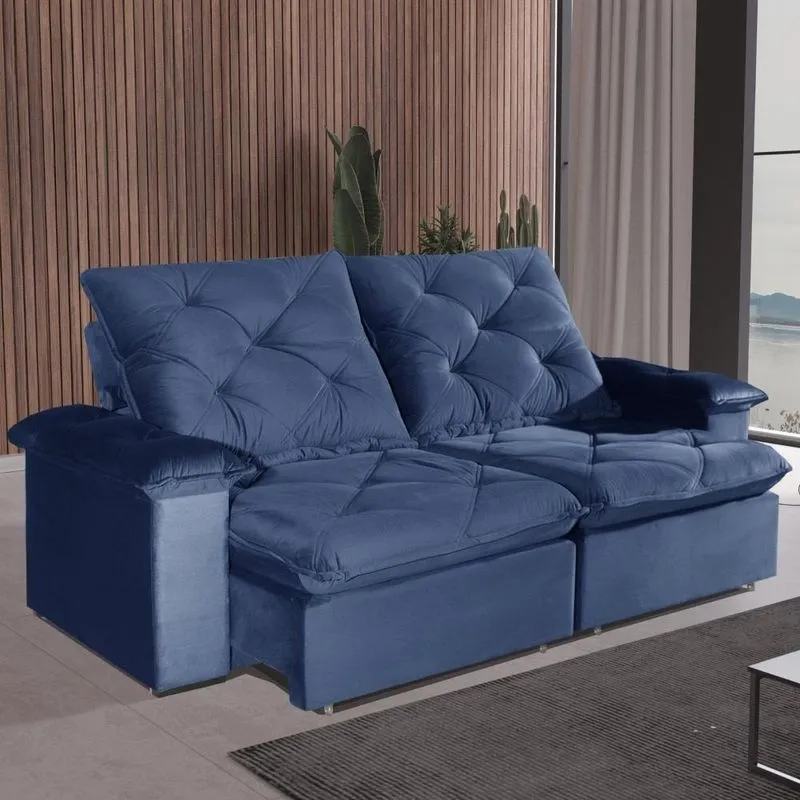 Sofá Com Chaise Canyon 3 Lugares Retrátil E Reclinável 230cm Azul Veludo Bom Pastor Móveis