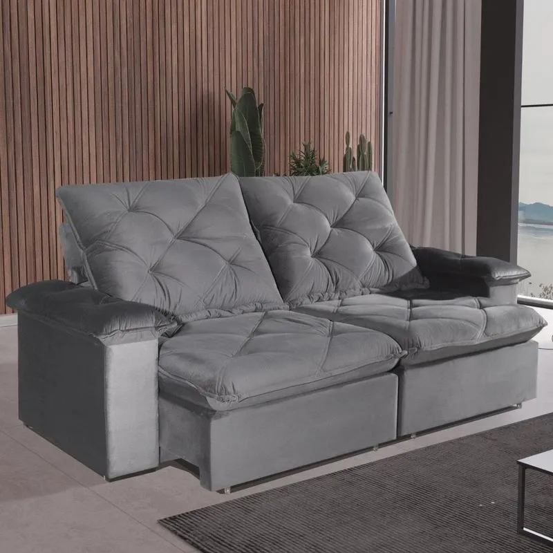 Sofá Com Chaise Canyon 4 Lugares Retrátil E Reclinável 250cm Cinza Veludo Bom Pastor Móveis