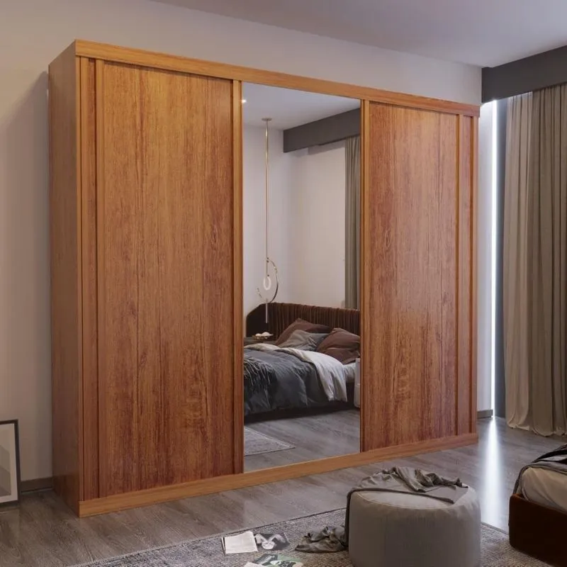 Guarda Roupa Casal Theo 3 Portas De Correr 6 Gavetas MDF Com Espelho Naturale Bom Pastor Móveis