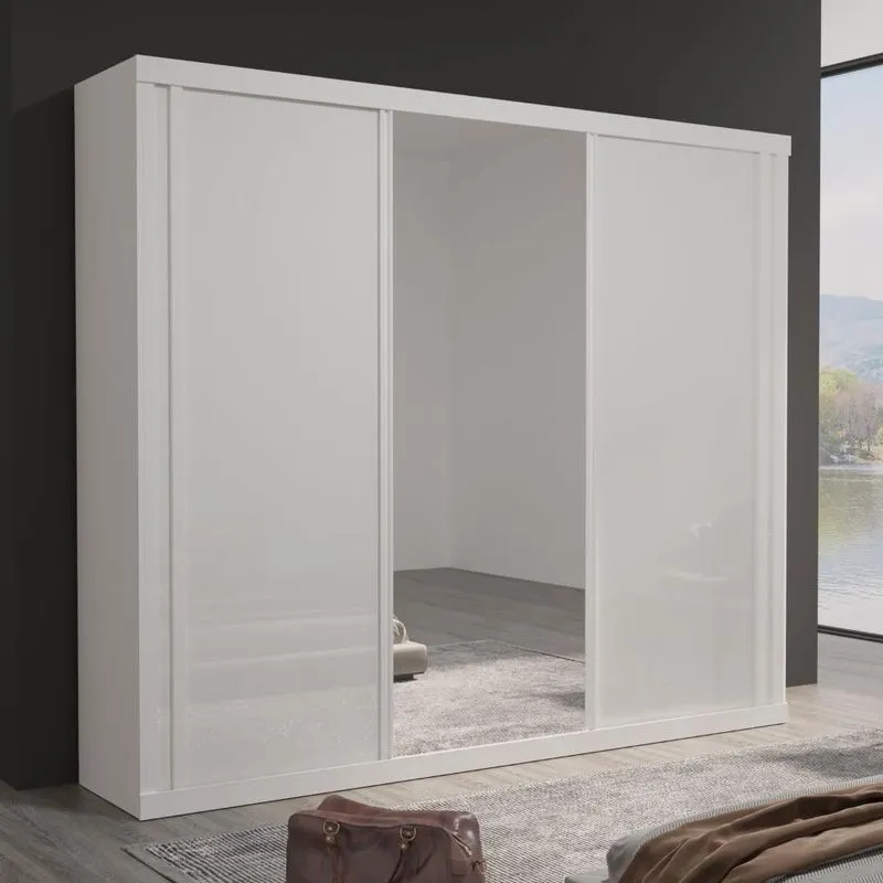 Guarda Roupa Casal Theo 3 Portas De Correr 6 Gavetas Mdf Com Espelho Branco Bom Pastor Móveis