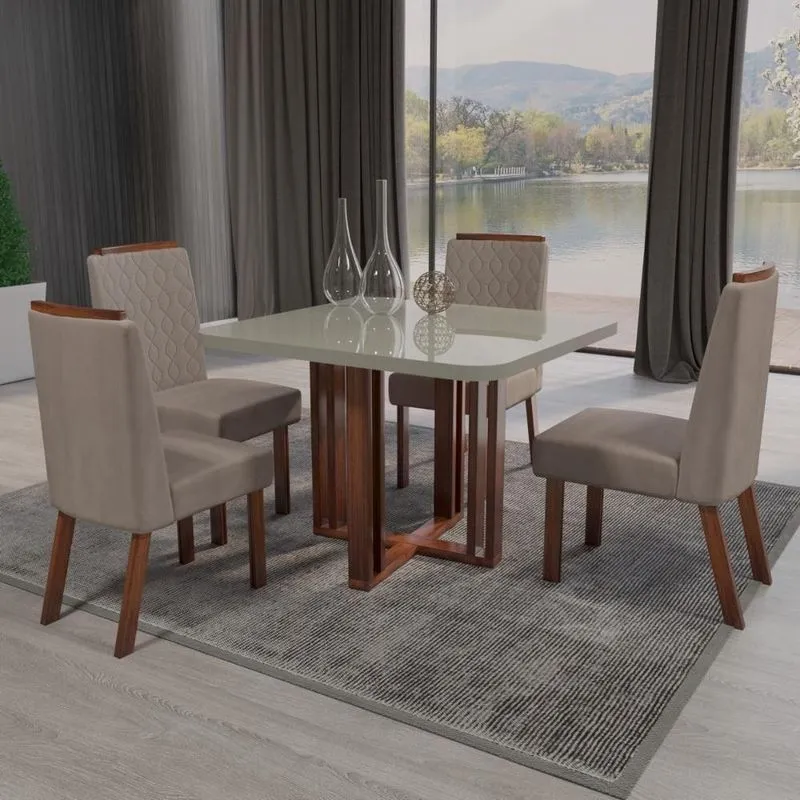 Sala De Jantar Paola 4 Tampo Mdf E Vidro Cadeiras Bege 90cm