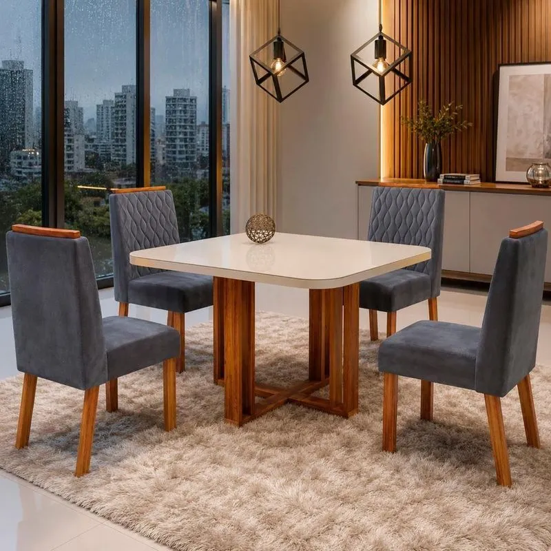 Sala De Jantar Paola Tampo Em MDF E Vidro Cadeiras Cinza 90cm Bom Pastor Móveis