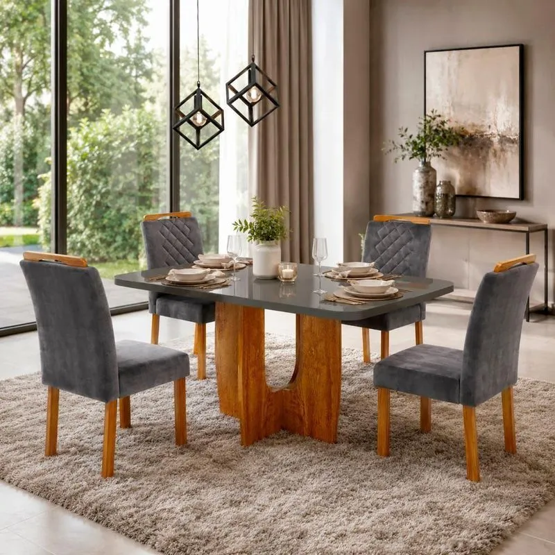 Conjunto Sala De Jantar Roma 4 Lugares Tampo Mdf E Vidro Grafite 130x90cm Bom Pastor Móveis