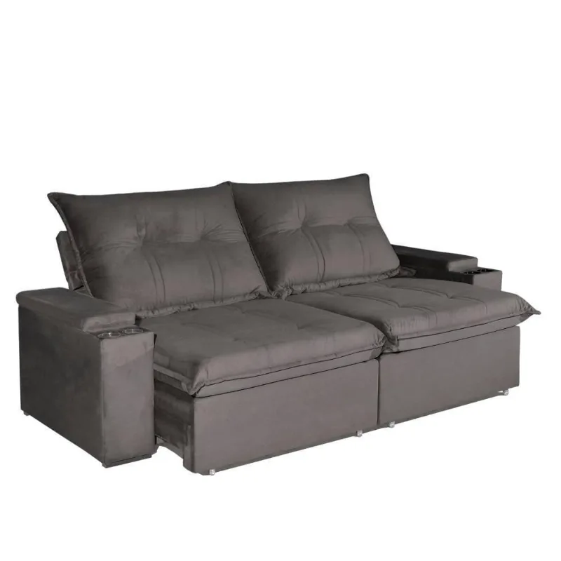 Sofá com Chaise Ravi 4 Lugares Retrátil e Reclinável 250CM Bege Escuro Veludo Bom Pastor Móveis
